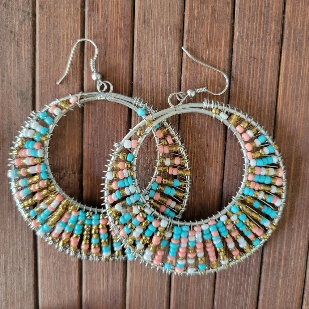 Large Blue and Pink Beaded Hoop Earrings Bracelet Cuff Set.